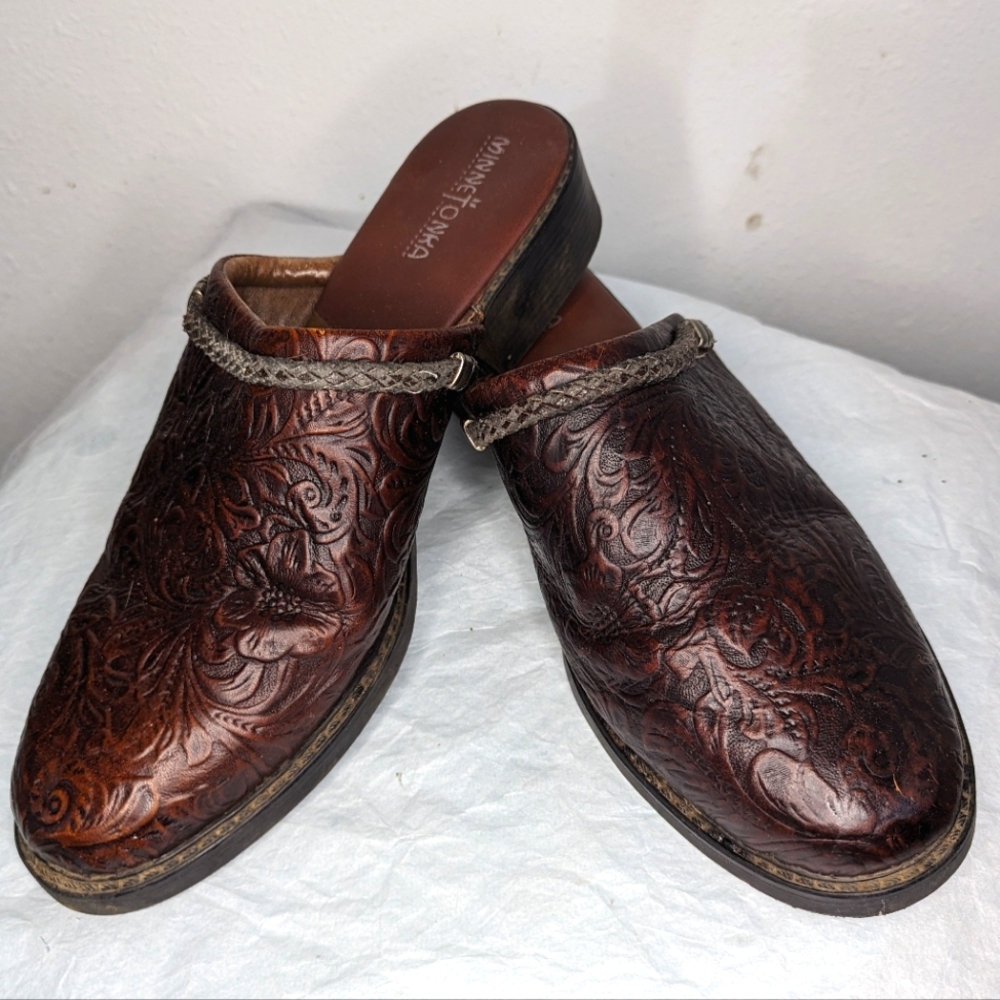 Minnetonka Tooled Leather Mules size 9.5